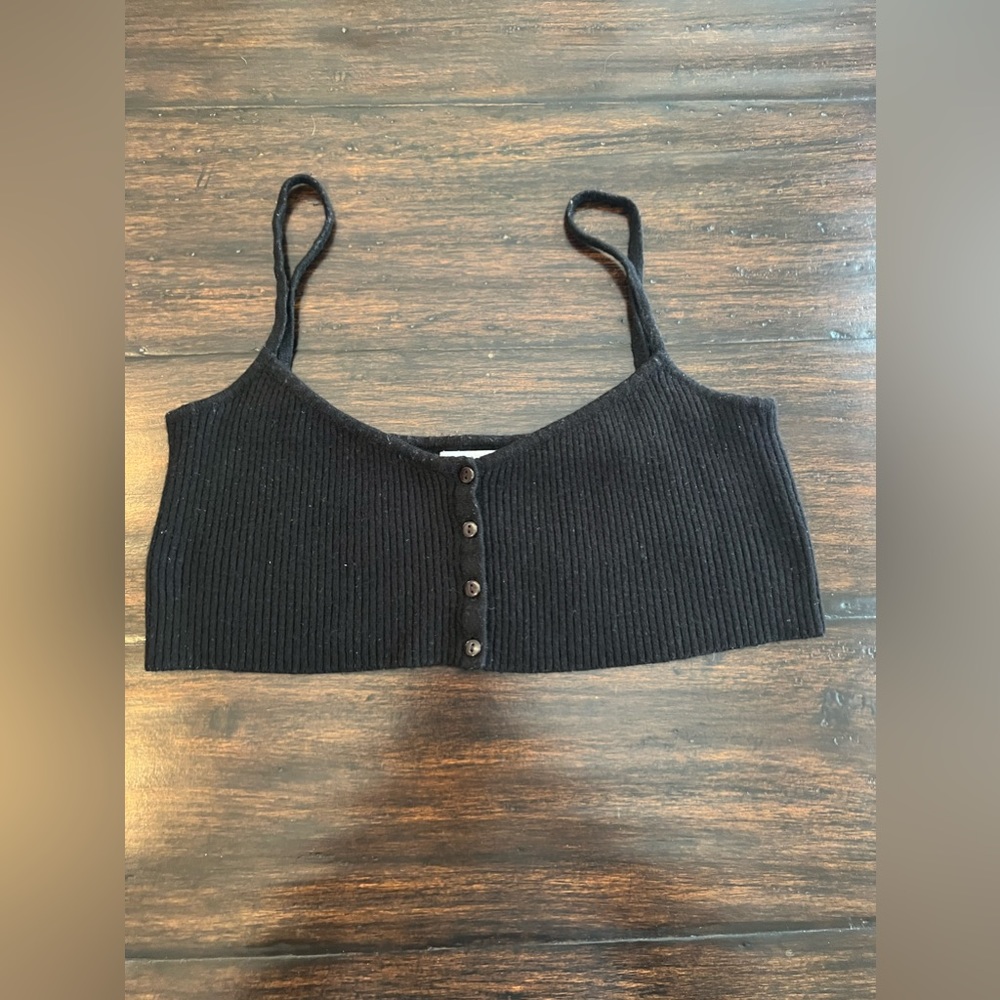 FRAME Ribbed Crop Tank Top in Black - O/S